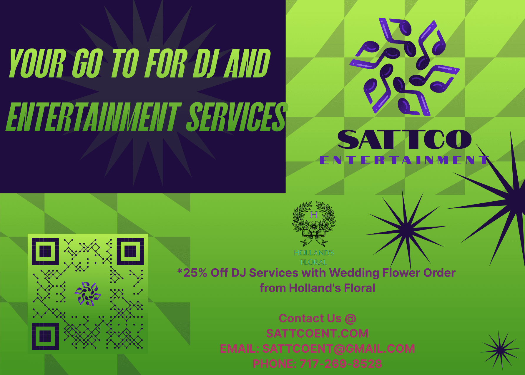 SattCo Entertainment partnership flyer — 25% off DJ services for Holland's Floral wedding clients